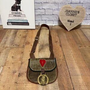Leather Hippie BoHo Handcrafted Possibles Crossbody Bag Brass ornament mountain